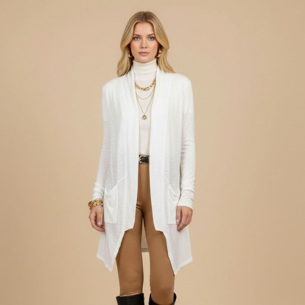 Michael Stars White Open Front Long Light Weight Cardigan Sweater OS